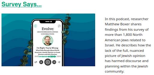 Survey Says...
--------------
In this podcast, researcher Matthew Boxer shares findings from his survey of more than 1,800 North American Jews related to Israel. He describes how the lack of the full, nuanced picture of Jewish opinion has harmed discourse and planning within the Jewish community.