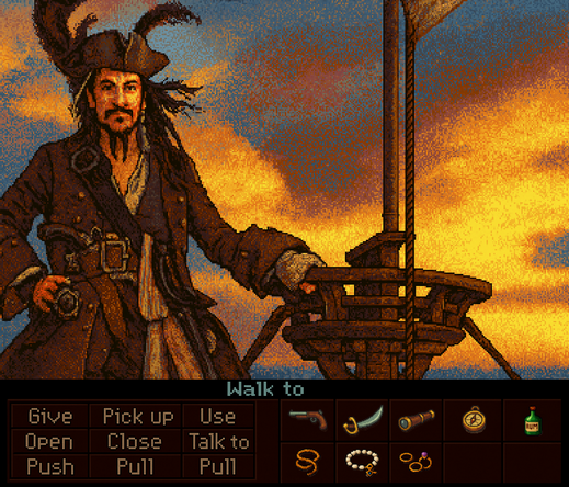 The image is a pixel-art style scene inspired by 1990s LucasArts adventure games.
It shows a pirate captain, clearly modeled after Captain Jack Sparrow from Pirates of the Caribbean, standing confidently on the deck of a ship at sunset.

He wears a dark brown pirate coat, a wide-brimmed tricorn hat decorated with long feathers, and has long dark hair and a small beard with braids. A belt with a pistol, straps, and various trinkets crosses his chest. His right hand rests on his hip, while his left grips a rope attached to the ship’s mast and crow’s nest.

The sky behind him is filled with dramatic orange and yellow clouds, fading into blue at the top.
At the bottom of the image is a classic point-and-click game interface with text commands like “Give,” “Pick up,” “Use,” “Open,” “Close,” “Talk to,” “Push,” and “Pull.”
An inventory bar shows small pixel-icons of items: a flintlock pistol, a hook, a cutlass, a spyglass, a compass, a bottle of rum, a coil of rope, a pearl necklace, and several rings.