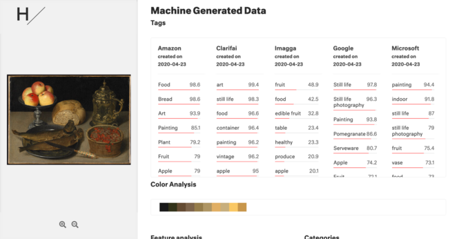 Screenshot of a webpage with a painting of apples and the tags that different machine learning services predicted for the painting