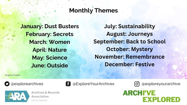 A graphic showing the 12 monthly themes, which are:

January - #EYADustBusters
February - #EYASecrets
March - #EYAWomen
April - #EYANature
May - #EYAScience
June - #EYAOutside
July - #EYASustainability
August - #EYAJourneys
September - #EYABackToSchool
October - #EYaMystery
November - #EYARemembrance
December - #EYAFestive