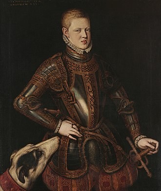Painting (colour): a young man in a dark armour