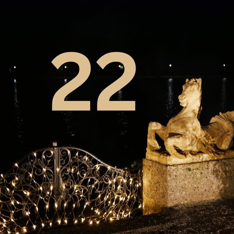Photograph (colour): Stone horse in the dark as part of a porte that is illuminated by golden lights. In the middle the number 22.