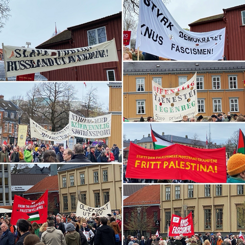 A selection of banners from the march, calling foe Russia to get out of Ukraine, strengthening dwmocracy and crushing fascism, environmentally friendly sea transport, a free Palestine, and for the Norwegian Petroleum Fund to get some standards and get the hell out of Israel. 