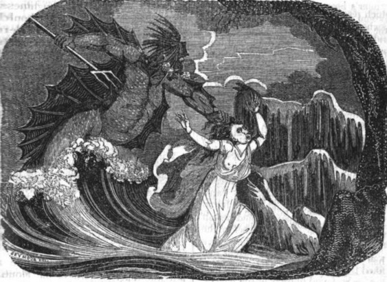 A woodcut of a sea monster attacking a woman. Nipple slip, big waves and much weather. This image has absolutely nothing to do with the story linked to, but it's thoroughly Gothic. Much spook, very scream!