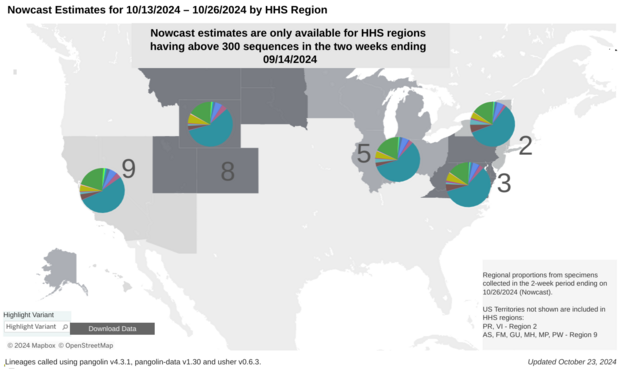 Chart: Nowcast Estimates for 10/13/2024 - 10/26/2024 by HHS Region.

Five region out of ten is shown, each with a pie chart depicting variant shares, these being: NY/NJ, Mid-Atlantic, Great Lakes, Mtn/Dakotas, and Southwest.

All other regions are a swath of uninterrupted grey without any information displayed.

A note at the top reads: 

Nowcast estimates are only available for HHS regions having about 300 sequences in the two weeks ending 09/14/2024