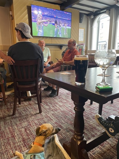 A tan dog on a rug on a pub floor. A pint or f stout and a clear drink with ice on a table. The tv on the wall shows the opening ceremony of the Euros final
