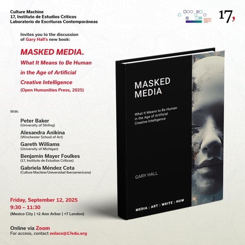 Poster featuring a copy of a book. The cover is mainly in black with lettering in white. The lettering on the post is black and red on a white background. 