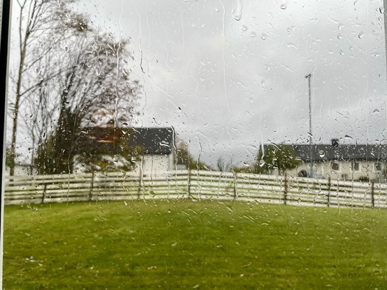 Rain running down and being blown across a window. In the background is a yard, some trees and a couple of houses all out of focus. The sky is heavy, wet, and grey, and the trees are bent over from the wind.