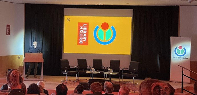 Jimmy Wales on stage at the British Library conference centre