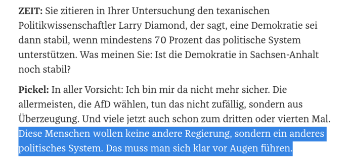 ZEIT: Sie zitieren in Ihrer Untersuchung den texanischen Politikwissenschaftler Larry Diamond, der sagt, eine Demokratie sei dann stabil, wenn mindestens 70 Prozent das politische System unterstützen. Was meinen Sie: Ist die Demokratie in Sachsen-Anhalt noch stabil? 

Pickel: In aller Vorsicht: Ich bin mir da nicht mehr sicher. Die allermeisten, die AfD wählen, tun das nicht zufällig, sondern aus Überzeugung. Und viele jetzt auch schon zum dritten oder vierten Mal. Diese Menschen wollen keine a…