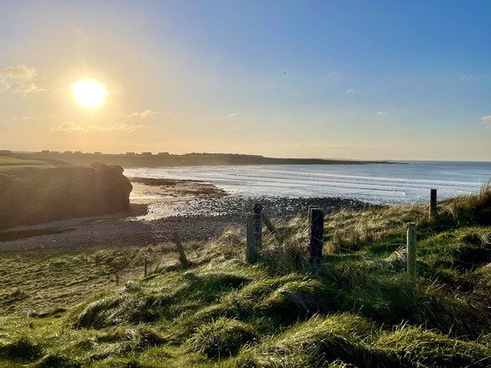 A scene from a west coast. The sun is low in a clear sky, and hangs over a small group of houses on the promontory in the distance. The ocean laps gently on the beach in the mid ground, and in the foreground is a grass-covered dune.