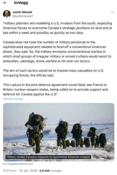 Justin Massie writes on Twitter: “military planners are modelling a U.S. invasion from the south, expecting American forces to overcome Canada’s strategic positions on land and at sea within a week and possibly as quickly as two days.

Canada does not have the number of military personnel or the sophisticated equipment needed to fend off a conventional American attack, they said. So, the military envisions unconventional warfare in which small groups of irregular military or armed civilians wou…