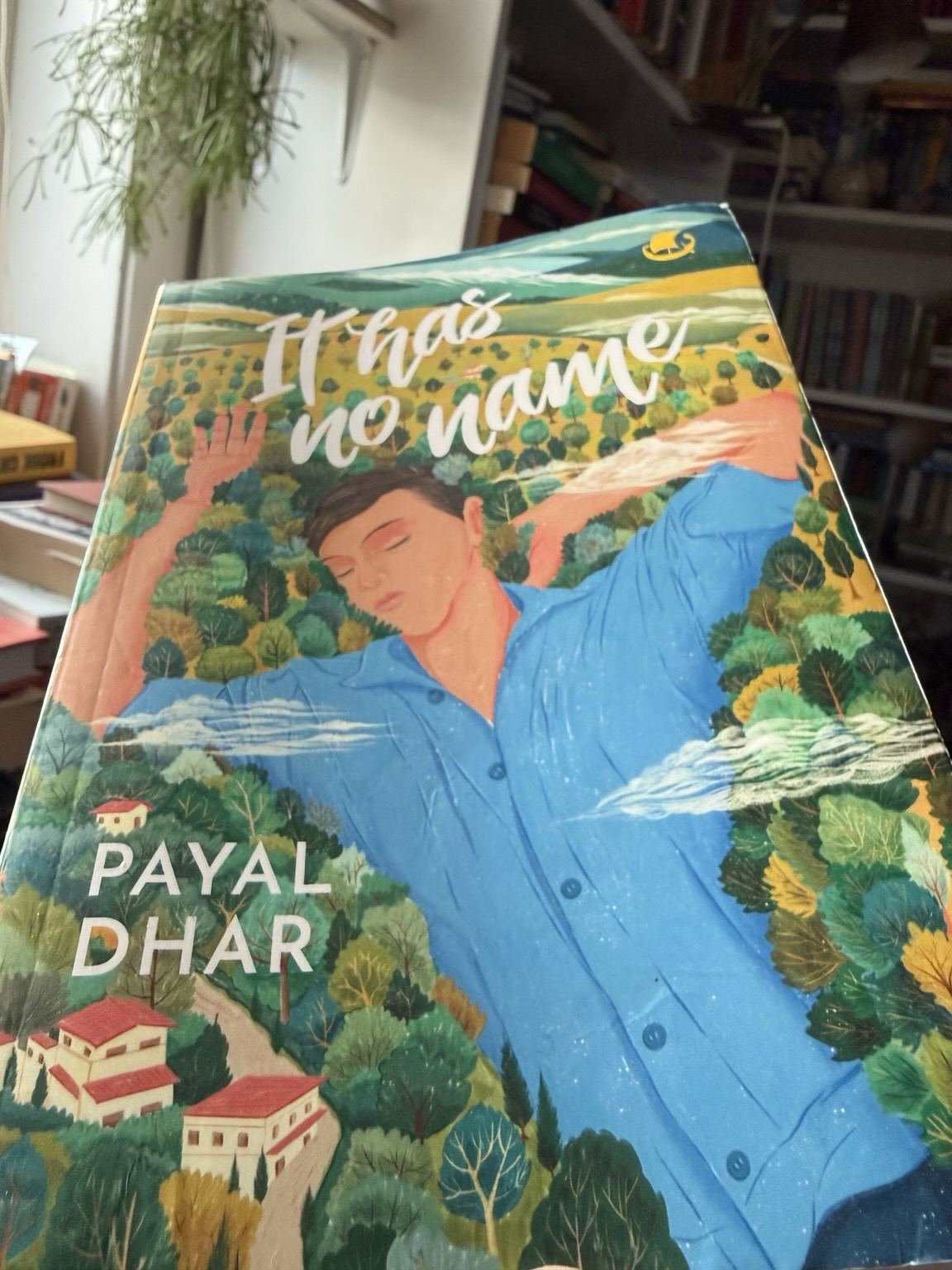 Cover of It Has No Name. A giant androgyne person in a blue shirt seems to lie sleeping in a forest (with trees the size of flowers) intercut with a road and some houses.