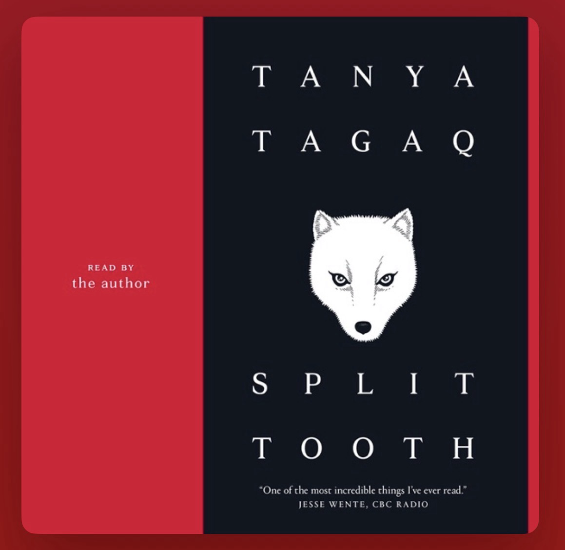 Cover of audio book. Red and black with white lettering. A white fox is placed between author name and title on a black background.