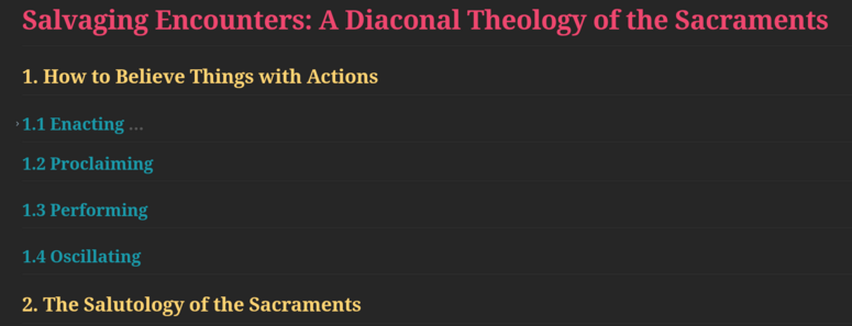 Salvaging Encounters: A Diaconal Theology of the Sacraments

1. How to Believe Things with Actions

1.1 Enacting

1.2 Proclaiming

1.3 Performing

1.4 Oscillating

2. The Salutology of the Sacraments