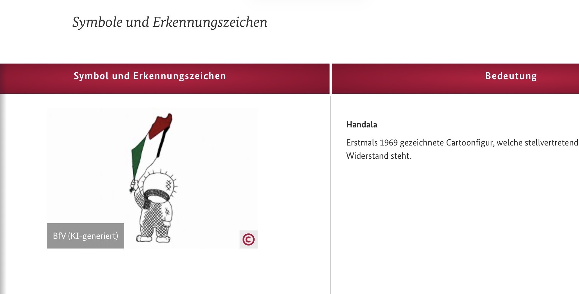 an illustration alledgedly of handala with a palestine flag? with copyright, in German: BfV (KI-generiert)