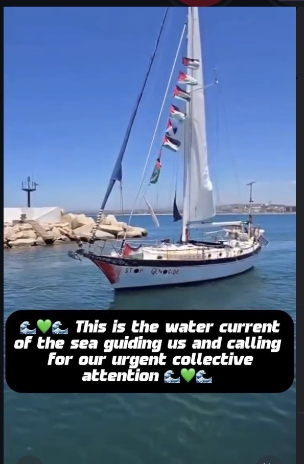 captured from the video showing the boat with caption:
This is the water current of the sea guiding us and calling for our urgent collective attention