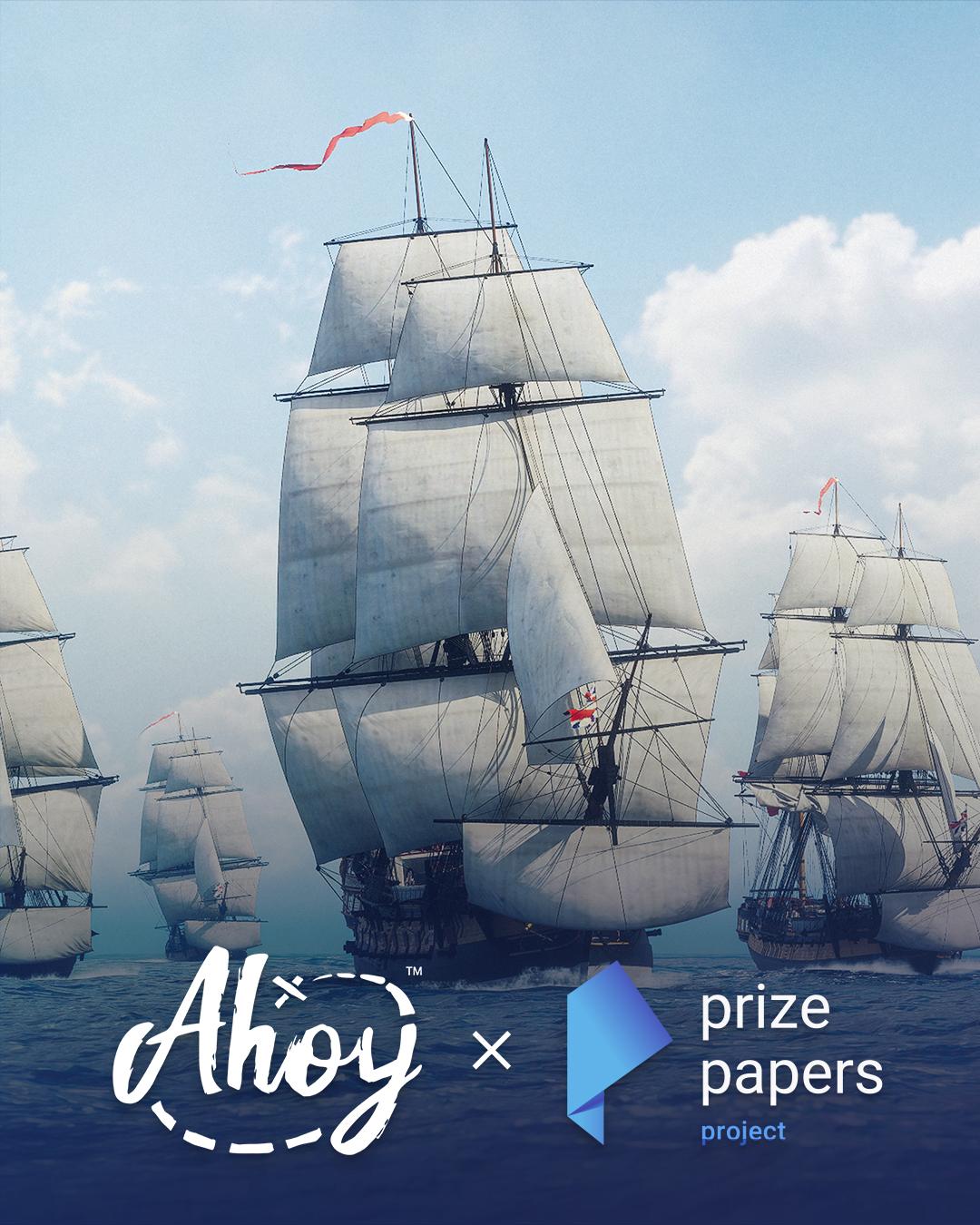 Screenshot Ahoy game: British ships on sea in full sail, logos of Ahoy and Prize Papers Project.