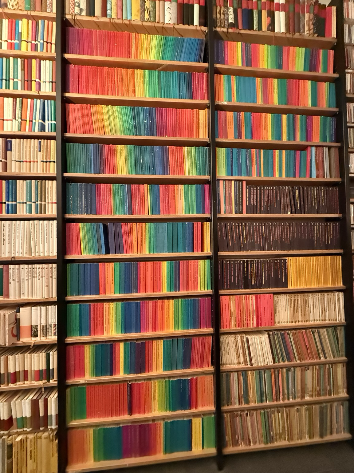 A book shelf where ordinary books in random cllours (though mostly white and brown) surroubd a shelf and a half of books in strong single colours forming s repeated rainbow pattern.