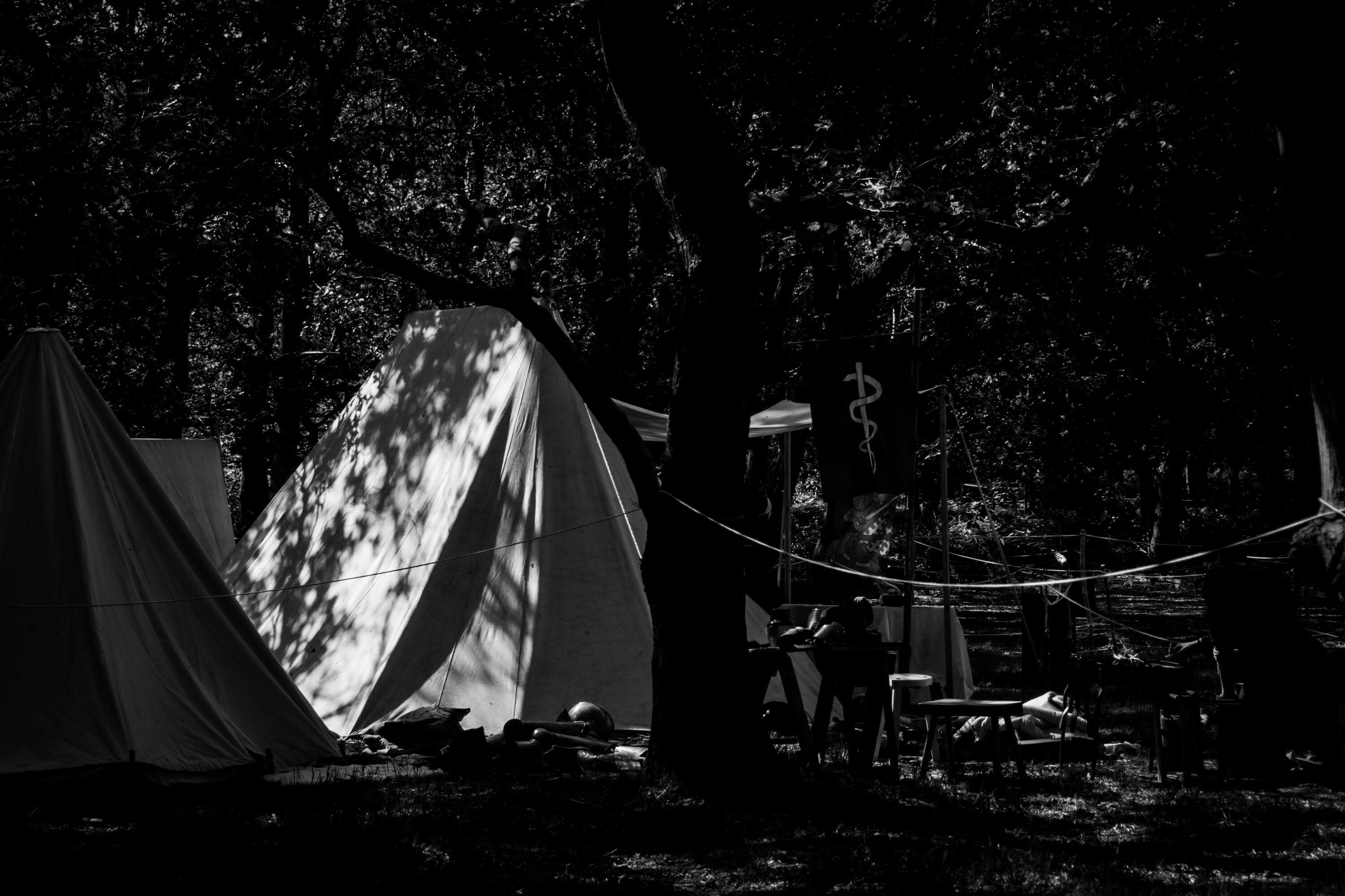 A pitched tent among the trees at a Robin-Hood themed reenactor event in Nottinghamshire. This is a black and white photo; the tent captures the sunlight while the trees are in the shadows.