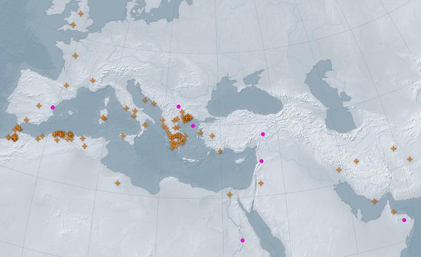 A terrain map with orange markers for updates and pink circles for new place resources. The map stretches from the British Isles and the Strait of Gibraltar in the north and west to modern Iran and Oman in the east and the middle Nile in the south. 