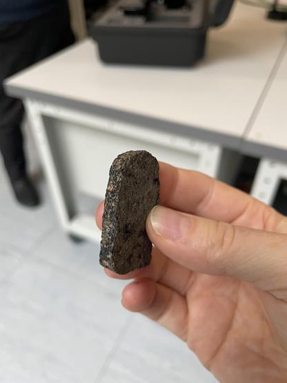 A white woman's hand holding a slice of rock with reddish elements. It's a piece of Mars!